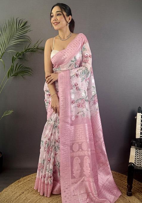 Baby Pink Floral Silk Saree Set