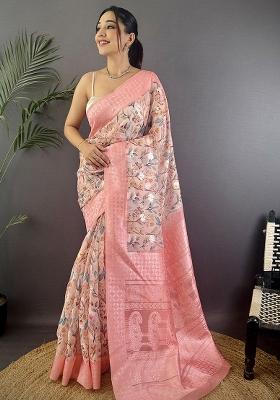 Rose Pink Floral Silk Saree Set