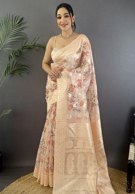 Beige Floral Silk Saree Set
