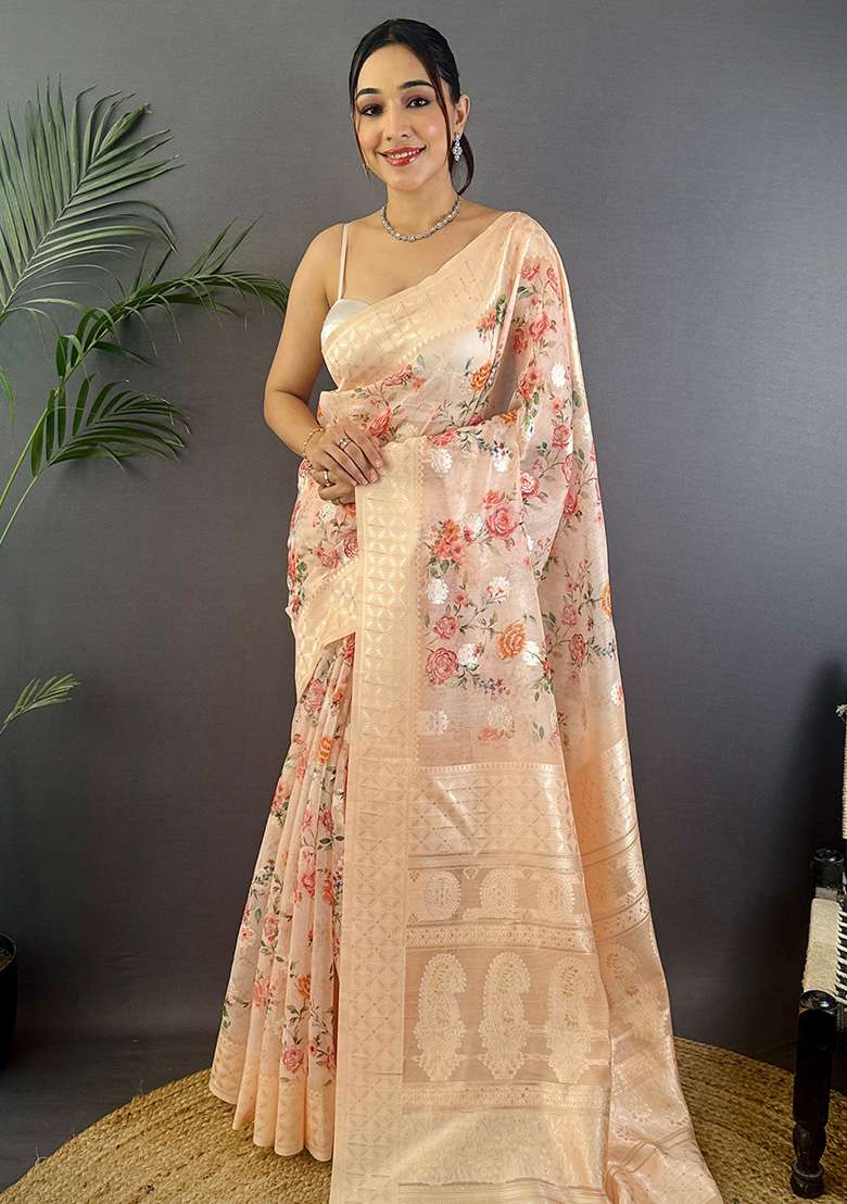 Beige Floral Silk Blend Saree Set for Diwali and Festive Wear - Indya