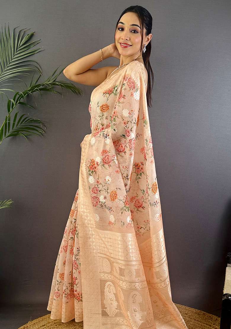 Beige Floral Silk Blend Saree Set for Diwali and Festive Wear - Indya