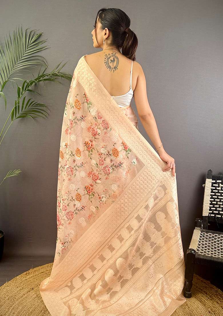 Beige Floral Silk Blend Saree Set for Diwali and Festive Wear - Indya