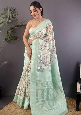 Cyan Blue Floral Silk Saree Set