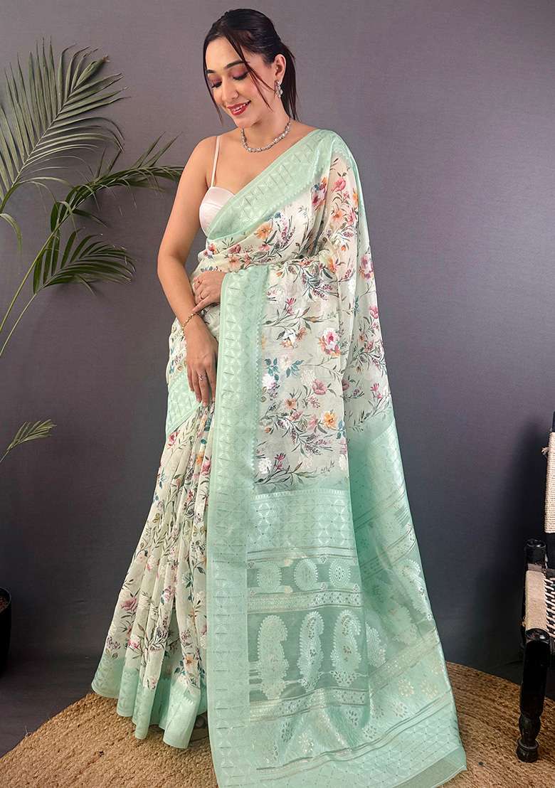 Cyan Blue Floral Silk Blend Saree Set for Diwali | Wedding & Festive Wear - Indya