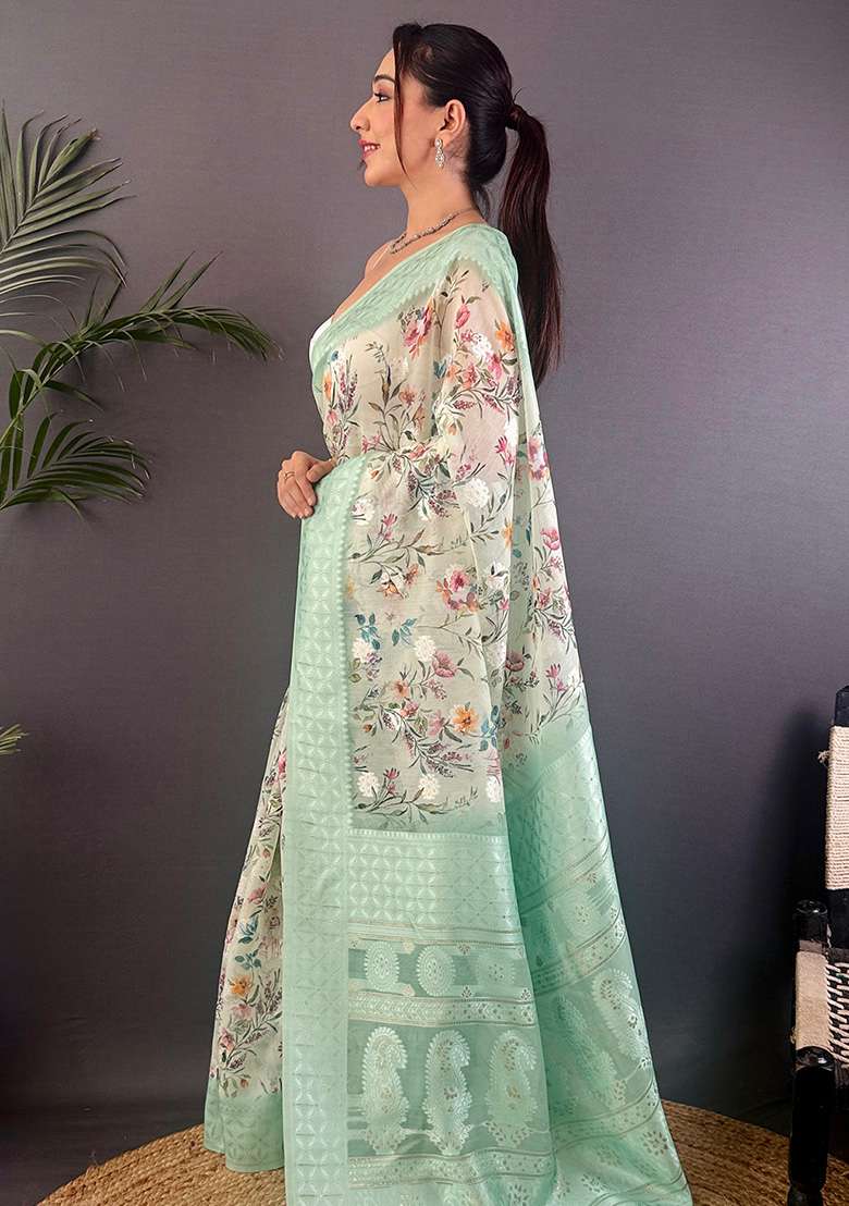 Cyan Blue Floral Silk Blend Saree Set for Diwali | Wedding & Festive Wear - Indya