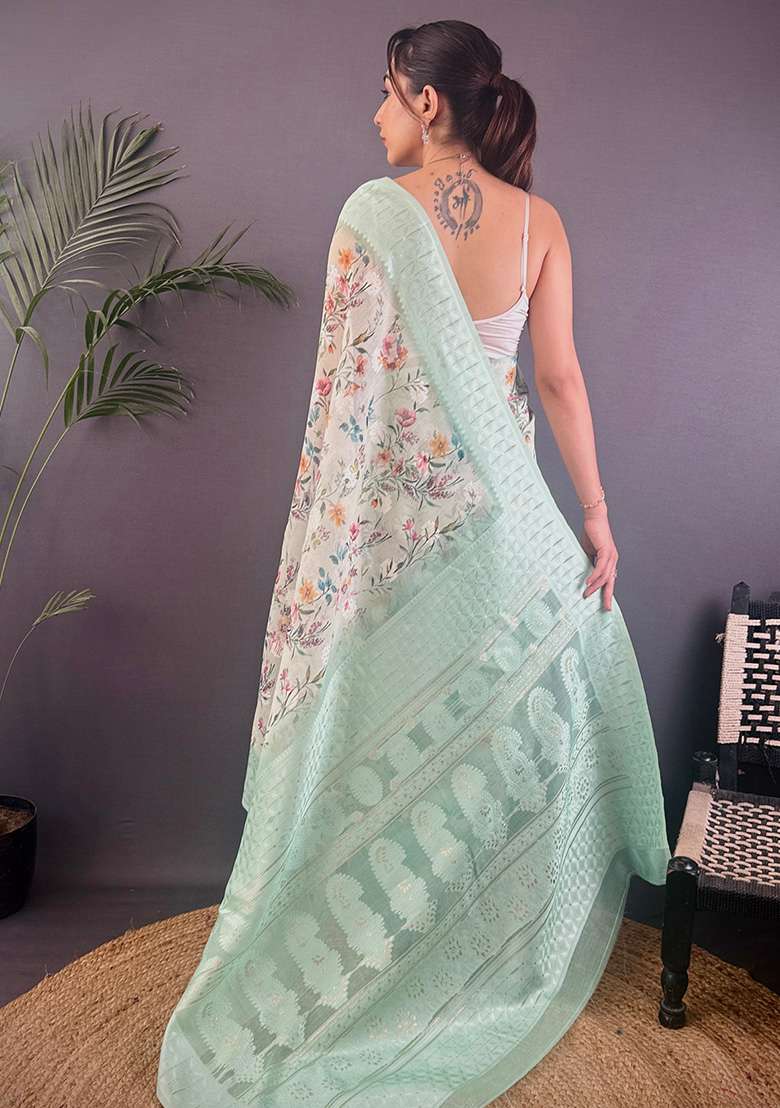 Cyan Blue Floral Silk Blend Saree Set for Diwali | Wedding & Festive Wear - Indya