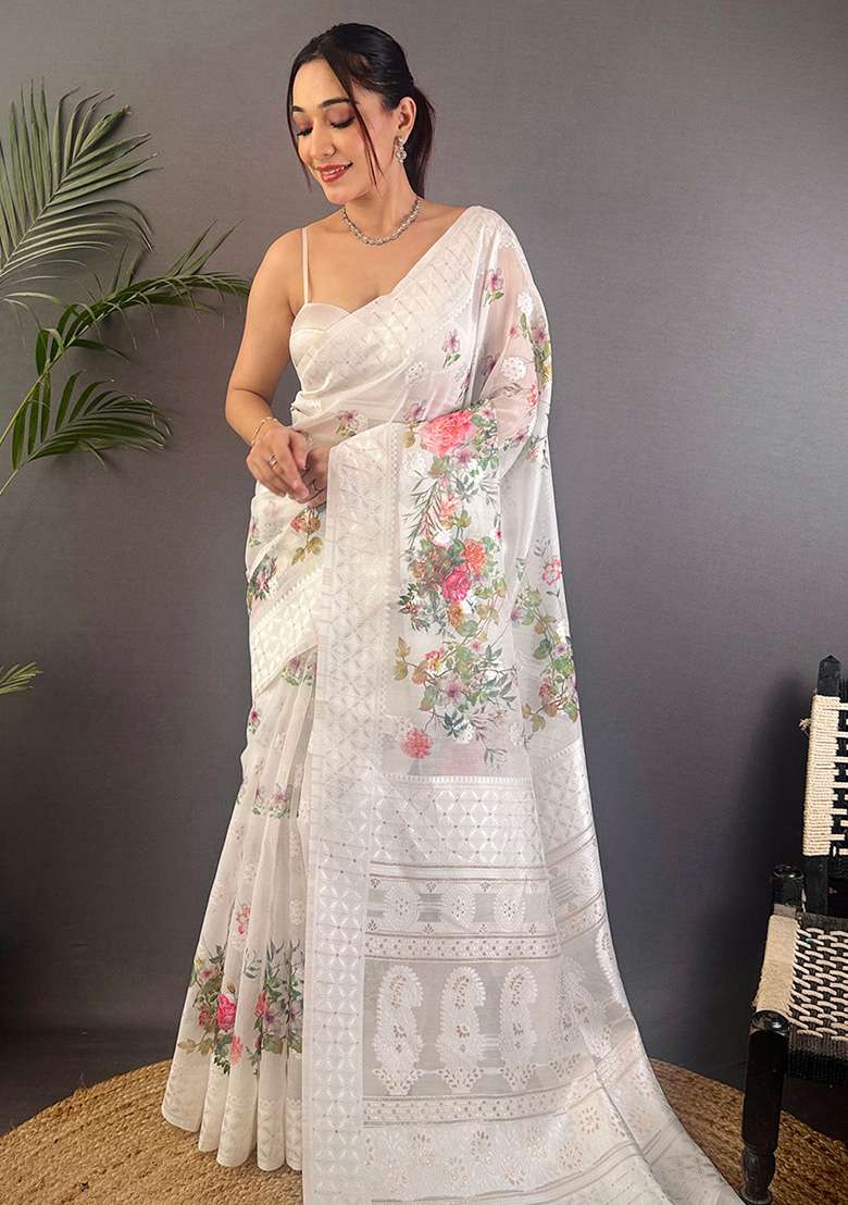 White Floral Silk Saree Set - Indya