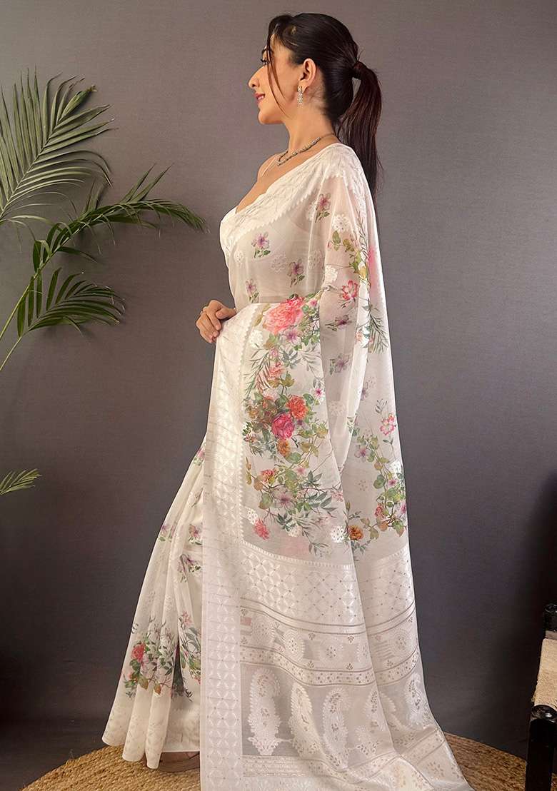 White Floral Silk Saree Set - Indya