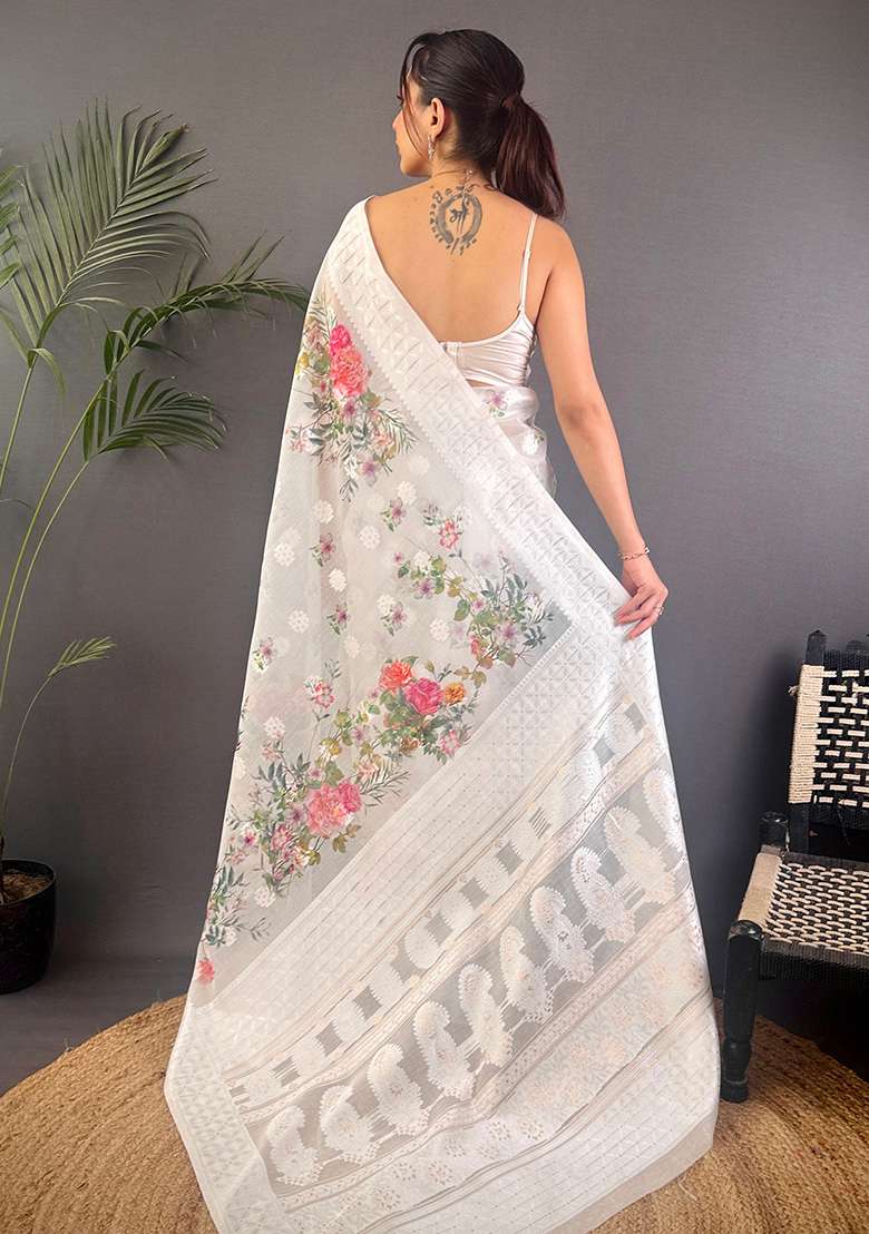 White Floral Silk Saree Set - Indya