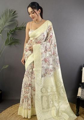 Grey Floral Silk Saree Set