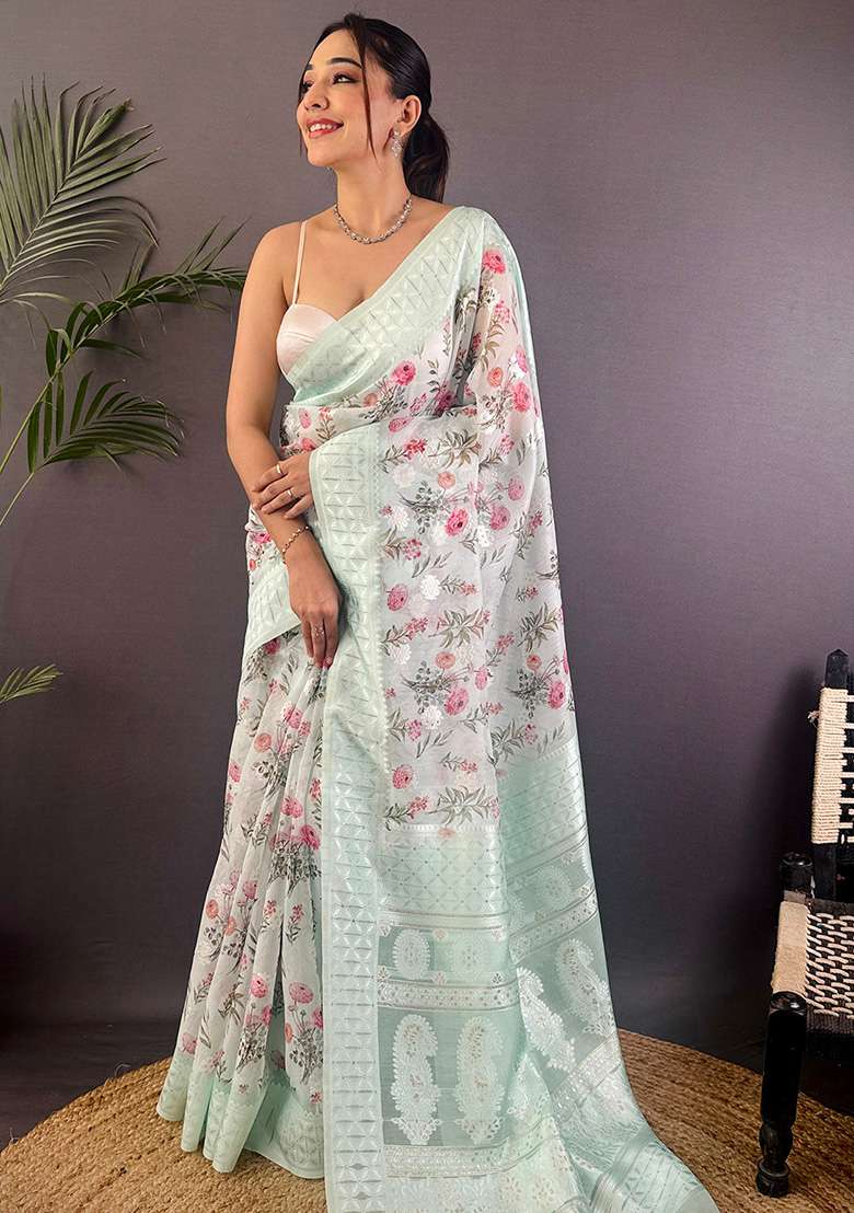 Sky Blue Floral Silk Blend Saree Set for Diwali | Wedding & Festive Wear - Indya