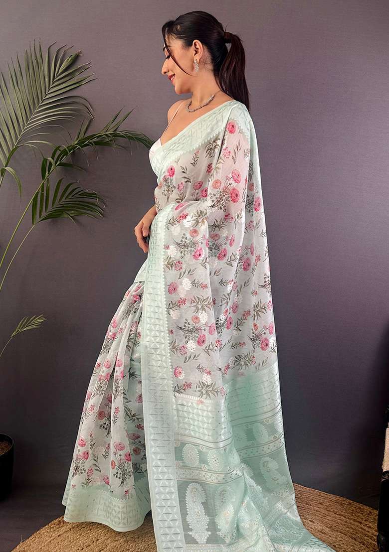 Sky Blue Floral Silk Blend Saree Set for Diwali | Wedding & Festive Wear - Indya