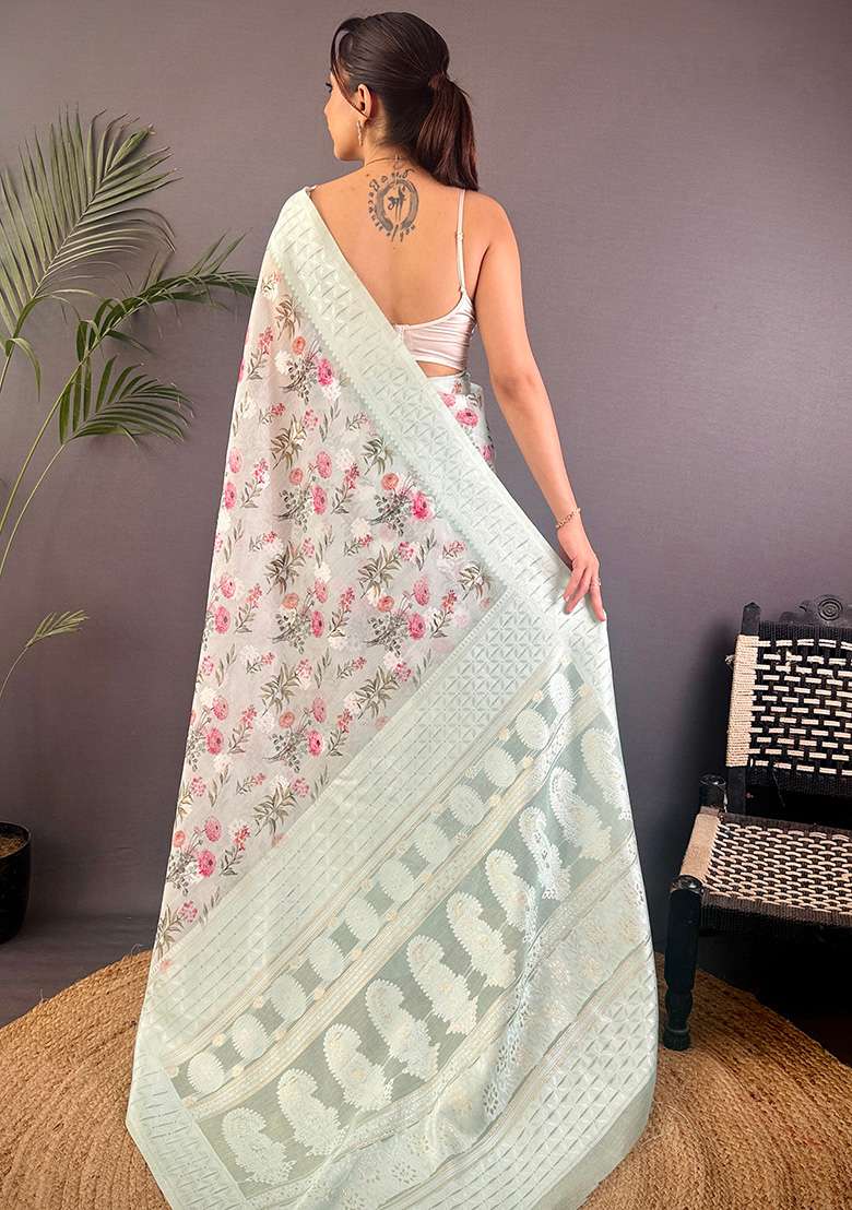 Sky Blue Floral Silk Blend Saree Set for Diwali | Wedding & Festive Wear - Indya