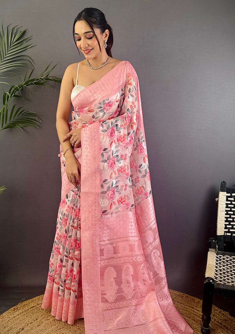 Baby Pink Floral Silk Blend Saree Set for Diwali and Festive Wear - Indya