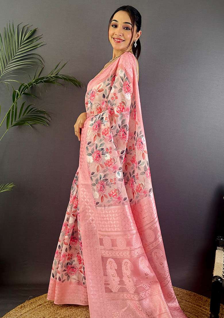 Baby Pink Floral Silk Blend Saree Set for Diwali and Festive Wear - Indya