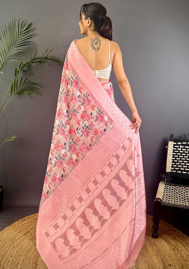 Baby Pink Floral Silk Blend Saree Set for Diwali and Festive Wear - Indya