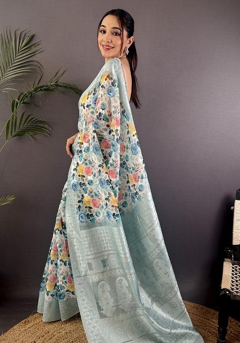 Grey Floral Silk Saree Set