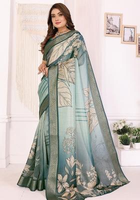 Teal Floral Silk Saree Set