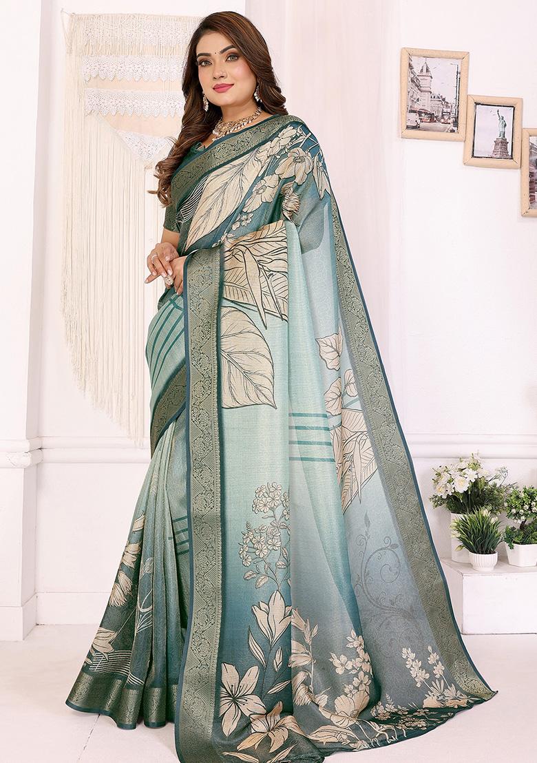 Teal Floral Silk Saree Set