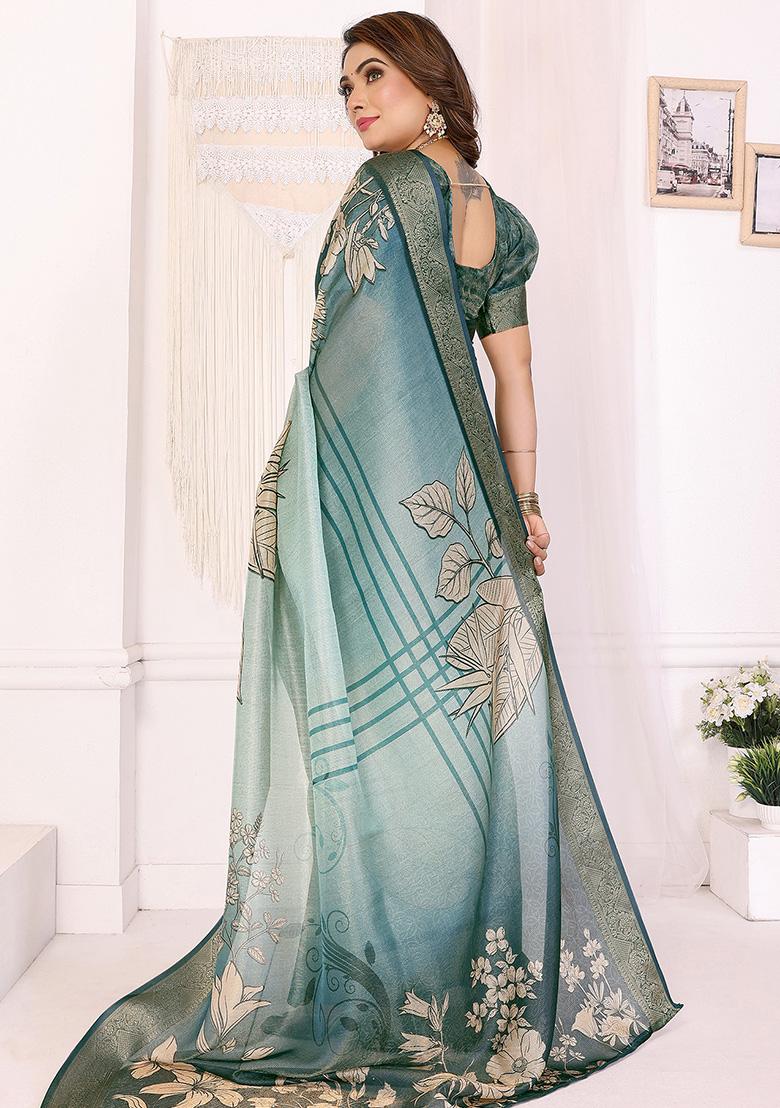 Teal Floral Silk Saree Set