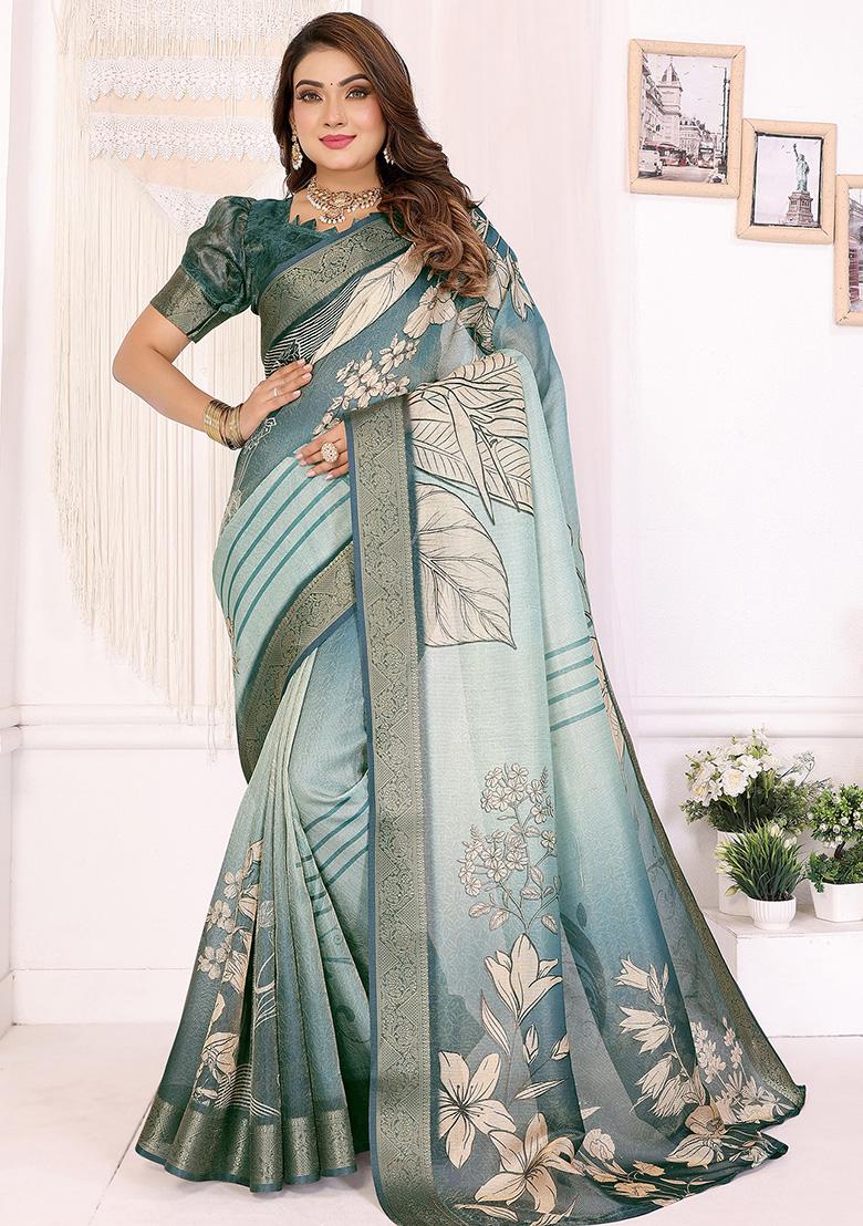 Teal Floral Silk Saree Set