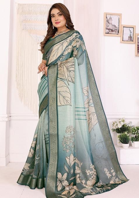 Teal Floral Silk Saree Set