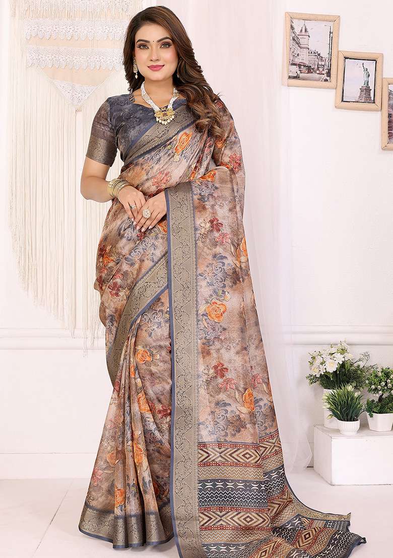 Grey Floral Silk Blend Saree Set for Diwali | Wedding & Festive Wear - Indya