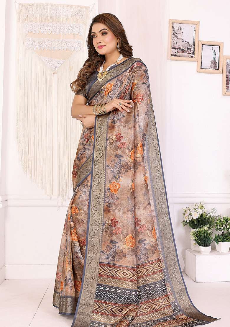 Grey Floral Silk Blend Saree Set for Diwali | Wedding & Festive Wear - Indya