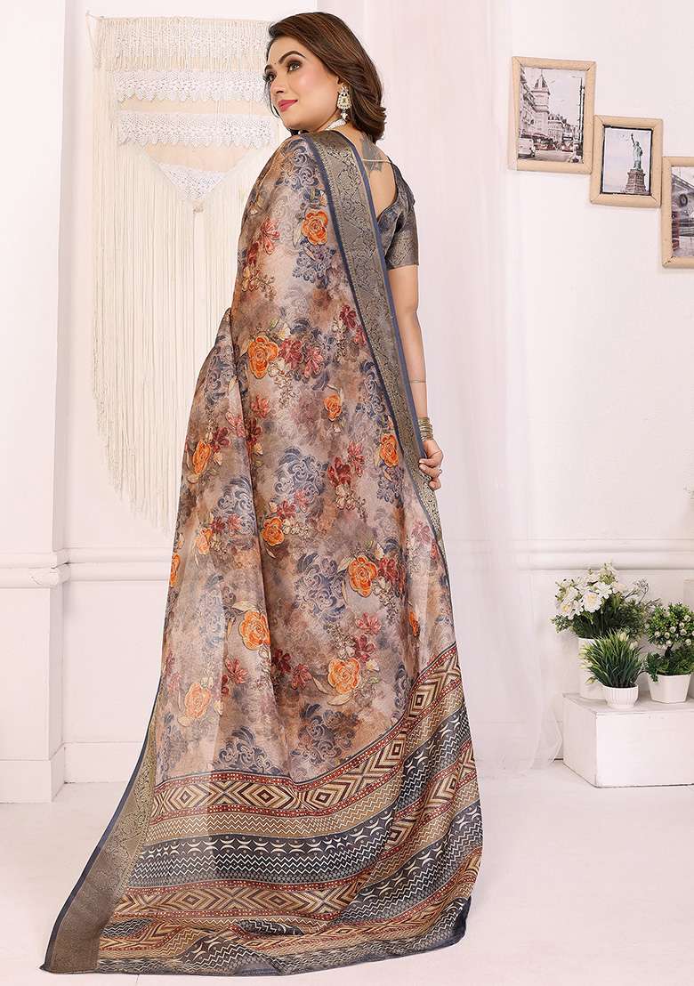 Grey Floral Silk Blend Saree Set for Diwali | Wedding & Festive Wear - Indya