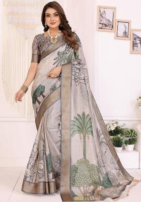 Mutlicolor Printed Silk Saree Set