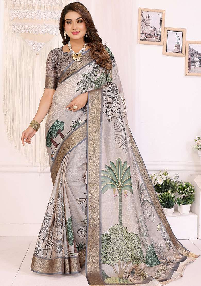 Mutlicolor Printed Silk Blend Saree Set for Diwali and Festive Wear - Indya