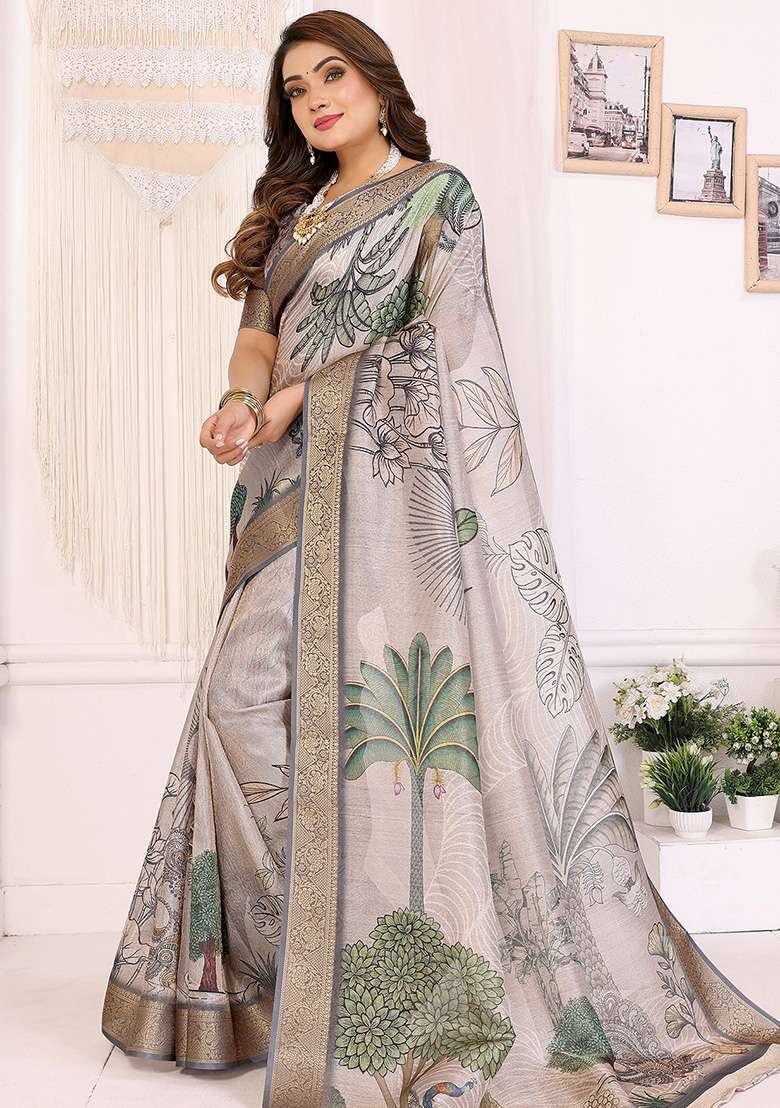 Mutlicolor Printed Silk Blend Saree Set for Diwali and Festive Wear - Indya