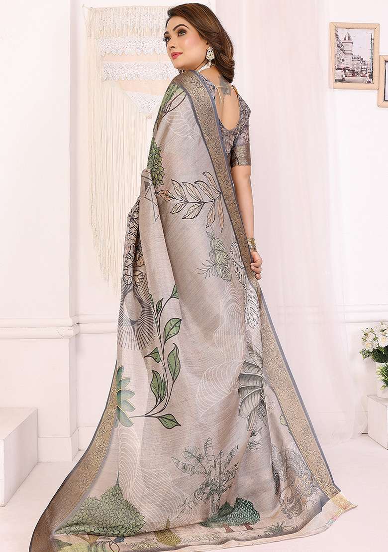 Mutlicolor Printed Silk Blend Saree Set for Diwali and Festive Wear - Indya