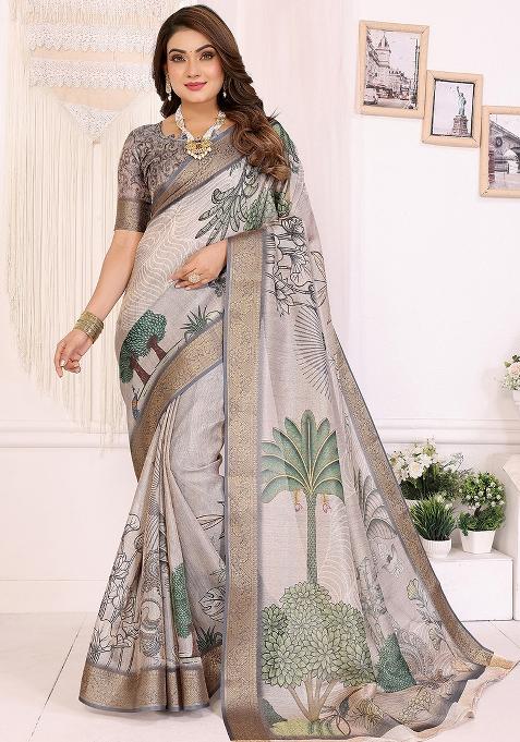 Mutlicolor Printed Silk Saree Set