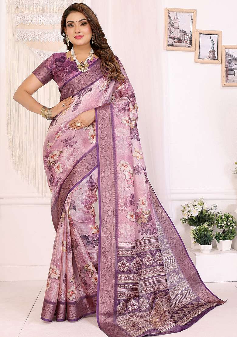 Purple Floral Silk Blend Saree Set for Diwali | Wedding & Festive Wear - Indya