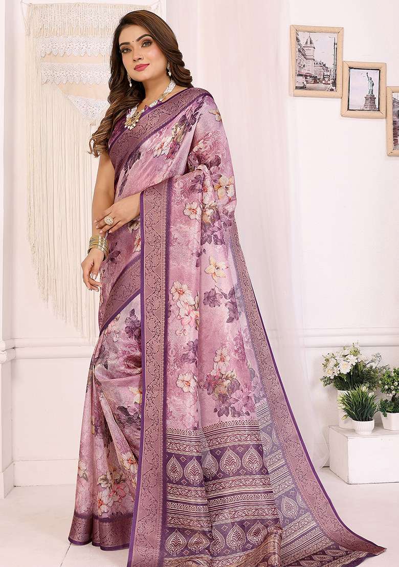 Purple Floral Silk Blend Saree Set for Diwali | Wedding & Festive Wear - Indya
