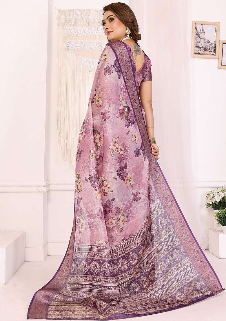 Purple Floral Silk Blend Saree Set for Diwali | Wedding & Festive Wear - Indya