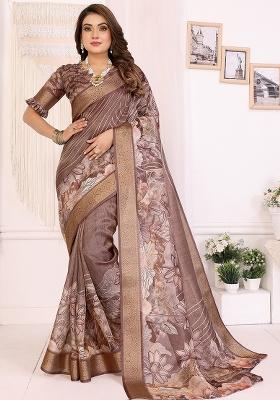 Brown Floral Silk Saree Set
