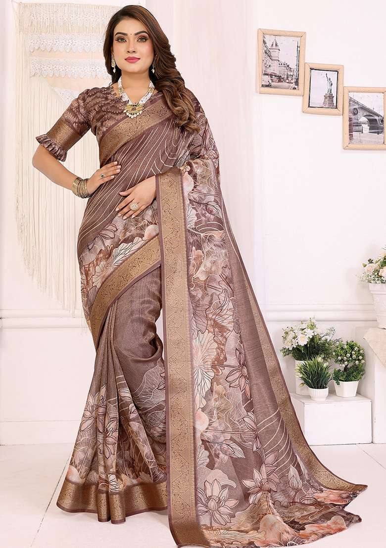 Brown Floral Silk Blend Saree Set for Diwali | Wedding & Festive Wear - Indya