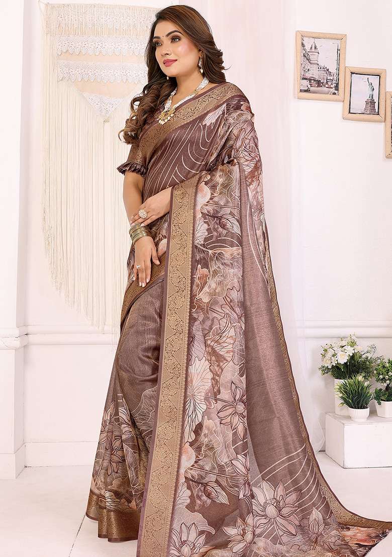 Brown Floral Silk Blend Saree Set for Diwali | Wedding & Festive Wear - Indya