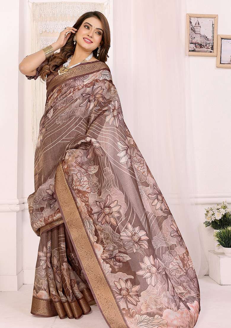 Brown Floral Silk Blend Saree Set for Diwali | Wedding & Festive Wear - Indya