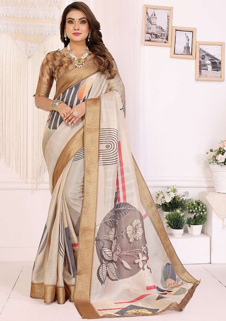 Beige Printed Silk Blend Saree Set for Diwali and Festive Wear - Indya