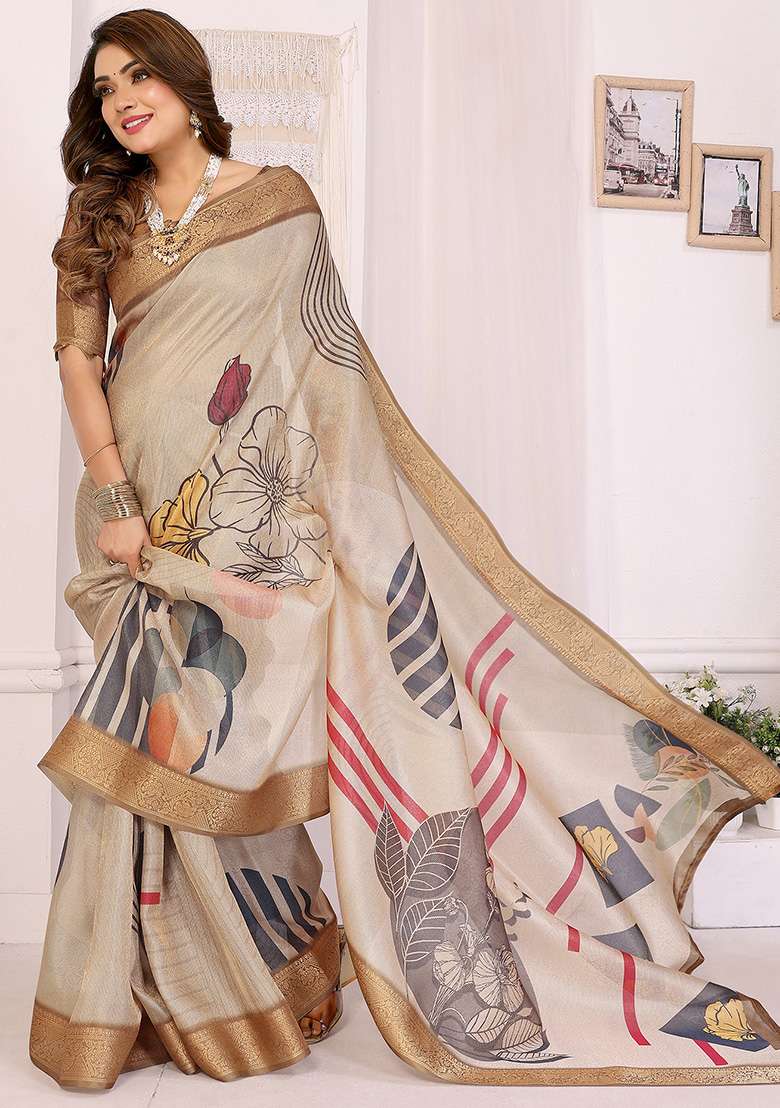 Beige Printed Silk Blend Saree Set for Diwali and Festive Wear - Indya