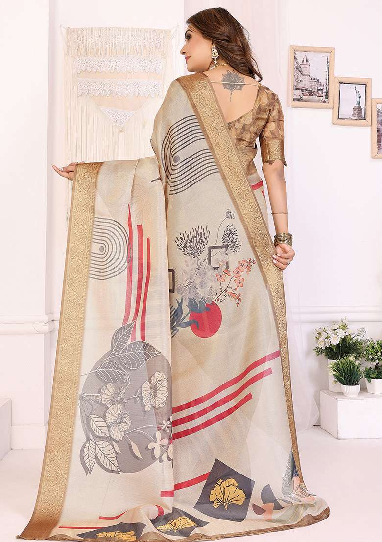 Beige Printed Silk Blend Saree Set for Diwali and Festive Wear - Indya