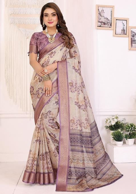 Lavender Floral Silk Saree Set