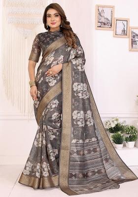 Dark Grey Floral Silk Saree Set