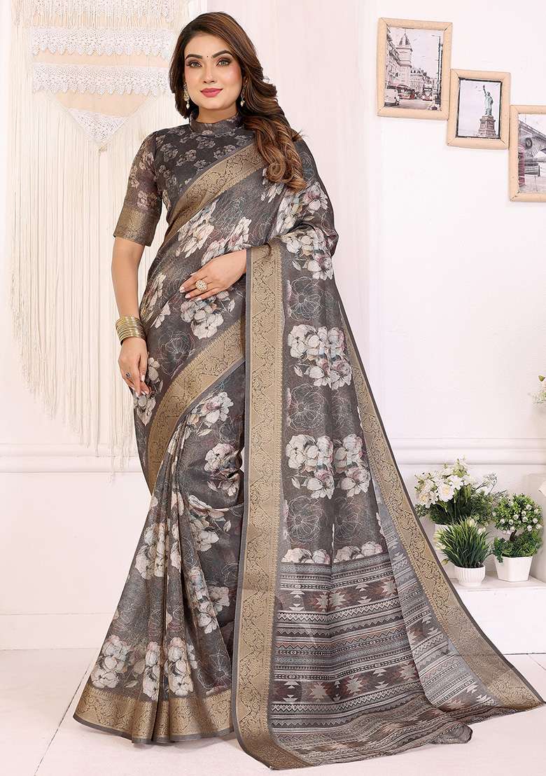 Dark Grey Floral Silk Blend Saree Set for Diwali | Wedding & Festive Wear - Indya