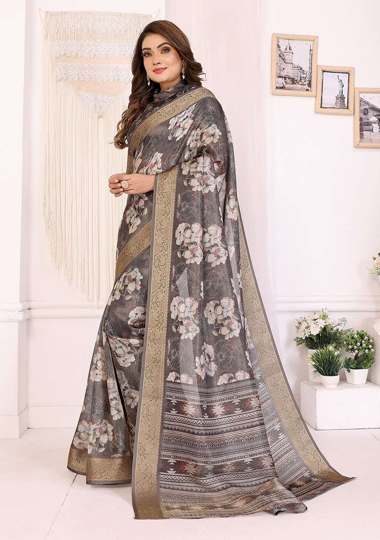 Dark Grey Floral Silk Blend Saree Set for Diwali | Wedding & Festive Wear - Indya