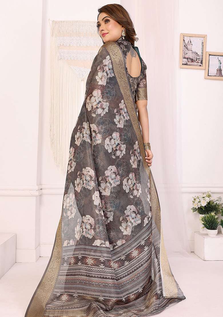 Dark Grey Floral Silk Blend Saree Set for Diwali | Wedding & Festive Wear - Indya