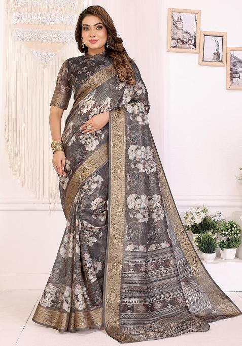 Dark Grey Floral Silk Saree Set